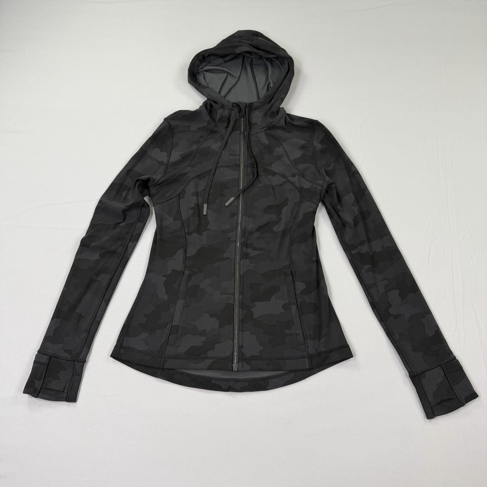 Lululemon Jacket Womens 8 Black Camo Hooded Full Zip Running Athletic Track